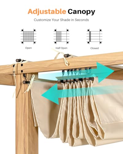 SEEHILL 10' X 13' Outdoor Pergola with Retractable Canopy, Wood-Grain Aluminum Outdoor Retractable Pergola Canopy with Sun Shade Shelter, Modern Yard Grape Trellis Pergola for Deck Garden Lawn, Beige