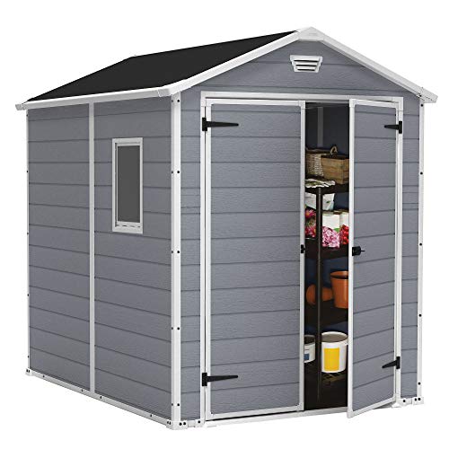 Keter Manor 6x8 Foot All Weather Garden Tool Outdoor Storage Shed with Lockable Double Doors, Fixed Window and Wood-look Resin Walls, Grey