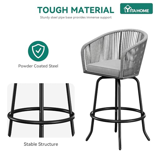 YITAHOME 27" Bar Stools Set of 2 with Arms & Cushions, 360° Swivel Outdoor Bar Stools, All Weather Counter Height Bar Stools Set of 2 with Curved Back for Backyard, Kitchen Island, Dining Room, Gray
