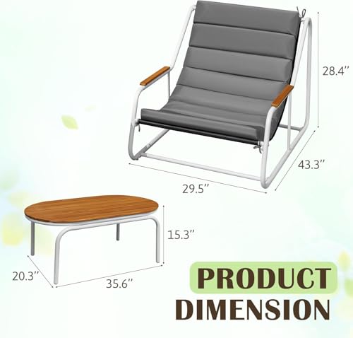 Devoko 3-Piece Patio Furniture Set 2 All-Weather Teslin Chaise Lounge Chairs with Acacia Wood Side Table for Porch, Poolside, Backyard Outdoor Lounge (Grey)