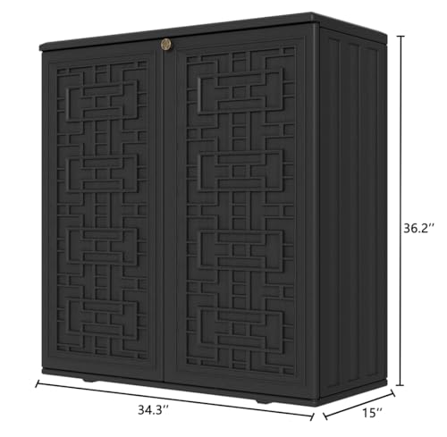 KINYING Outdoor Storage Cabinet Waterproof, Resin 62 Gallon Deck Box for Patio Furniture Cushions, Garden Tools, Pool Tools and Kids’ Toys (Black with 1 Shelving)