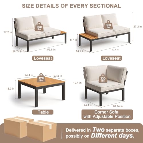 SunloungeCo 5-Person Outdoor Patio Furniture Set, Durable Metal Frame Outdoor Sectional with Wood-Look Table & Waterproof Cushions, All-Weather Conversation Set for Garden, Balcony, Poolside-Beige