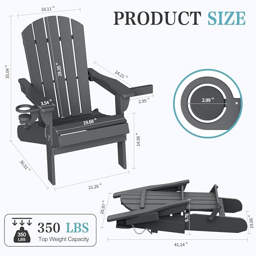 Shintenchi Folding Adirondack Chairs Set of 2,HDPE All-Weather Patio Chairs with Cup Holder & Phone Holder,Wooden Textured Fire Pit Chairs for Patio,Outside,Deck,Backyard,Dark Grey