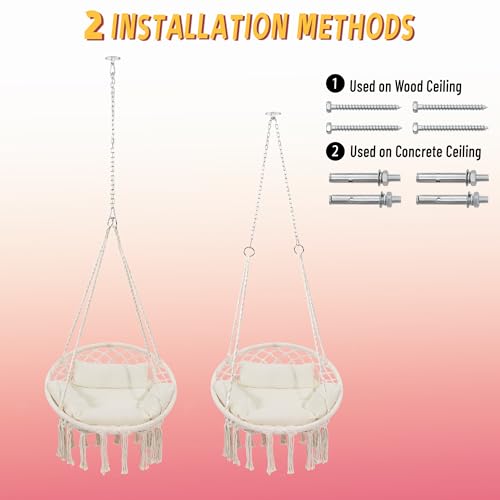 KROFEM Hammock Chair Swing Chair with Boho Medium Cushion, Macrame Hanging Chair for Bedroom, Indoor, Outdoor, Balcony, Porch, Beige