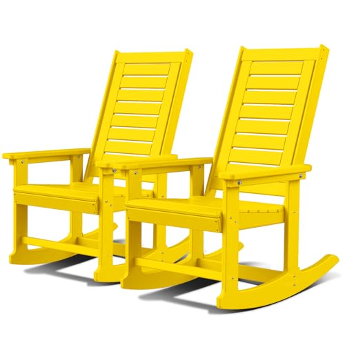 GREENVINES Outdoor Rocking Chairs | Set of 2 | Porch Rocker | HDPE Plastic | Yellow | Oversized Rockers | High Back | Big & Tall | Ladder Back | for Patio Outside Backyard Balcony Garden