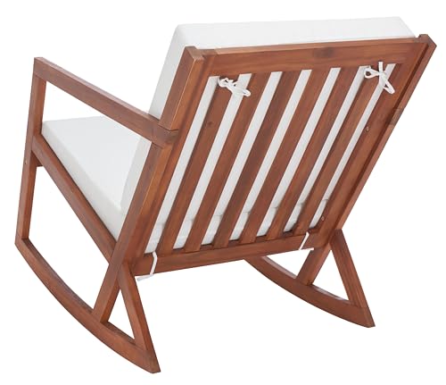SAFAVIEH Outdoor - Vernon Rocking Chair - Natural & Beige - Solid Wood with Cushion - Shaker-Inspired Slatted Design - Ideal for Patio, Deck, Porch, Backyard, 24.6" Seat Height (PAT7013A)