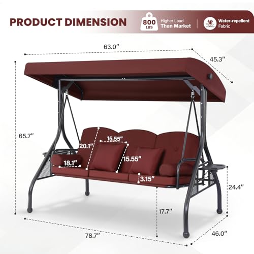 3 Seat Outdoor Porch Swing with Adjustable Canopy,2 in 1 Patio Swing Bed with Stand 800lbs for Adults,Outdoor Swing with Removable Cushion, Cup Holder ＆4 Pillow for Backyard, Porch, Garden，Red