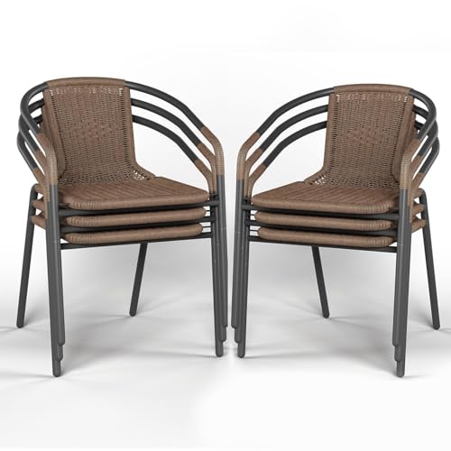 Amopatio Outdoor Dining Chairs Set of 6, Stackable Outdoor Patio Chairs, Rattan Patio Chairs Set of 6, for Porch, Deck, Yard, Garden, Poolside, Bistro, Restaurant, 6 Pack, Brown