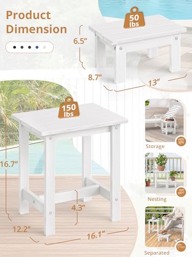 LUE BONA Outdoor Side Table, 2-Tier HDPS Outdoor Nesting End Table with Removable Small Foot Stool for Patio, Deck, Poolside, Low Maintenance & Weather Resistant, White