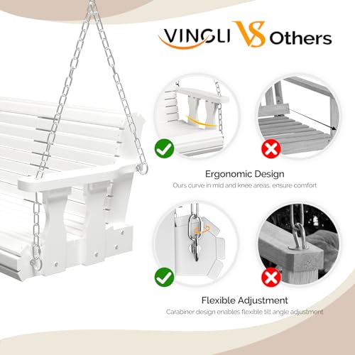 VINGLI Upgraded Patio Wooden Porch Swing for Courtyard & Garden, Heavy Duty 880 LBS Swing Chair Bench with Hanging Chains for Outdoors (White, 4 FT)