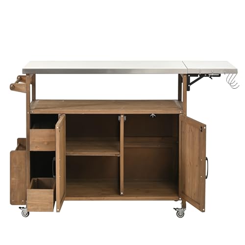 Christopher Knight Home Edsel Outdoor Bar Cart with Stainless Steel Top and Lockable Wheels, Solid Wood Outdoor Storage Cabinet, Kitchen Island Serving Cart for Poolside, Garden, Natural Brown+Silver