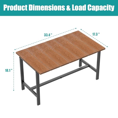 Outdoor Coffee Table, 33.4"L x 17.3"W x 18.1"H Rectangle Weather-Resistant Patio Coffee Table, Metal Heavy-Duty Frame Coffee Side Table, Waterproof for Garden, Porch, Balcony, Deck, Poolside, Brown