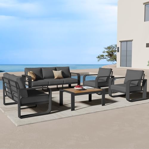 Oasbira Oversized Aluminum Outdoor Furniture Set, Extra Large Patio Furniture Sofa Set 4.8” Widened Armrest & Ultra-Thick Cushions, 5 Pcs Modern Patio Sectional for Backyard, Porch, Graphite