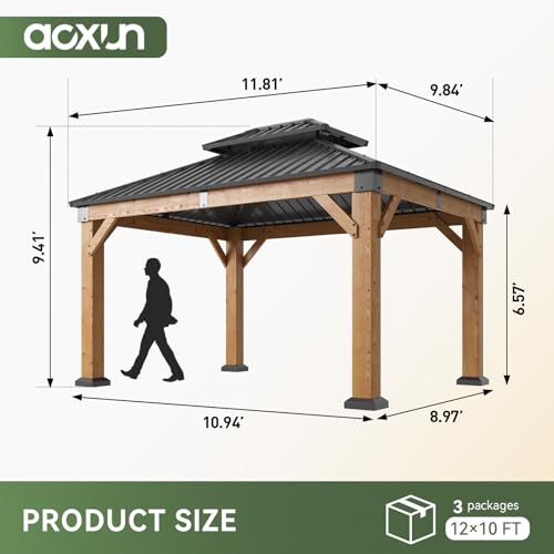 Aoxun 10' x 12' Outdoor Wood Gazebo, Hardtop Gazebo Permanent Wooden Pavilion with Galvanized Steel Double Roof, for Patio, Garden, Deck, Cedar Wood, Natural