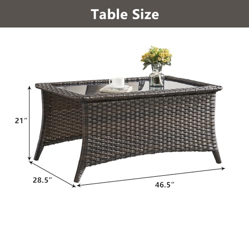 Belord Outdoor Coffee Table with Tempered Glass Top, Patio Rectangular Brown Wicker, Handwoven Rattan Coffee Table Compatible with Patio Furniture Sets for Porch Deck Backyard