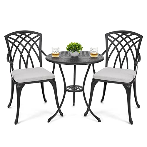 NUU GARDEN Bistro Set 3 Piece Outdoor Cast Aluminum Patio Bistro Set Patio Table and Chairs Set of 2 with Umbrella Hole and Gray Cushions, Black