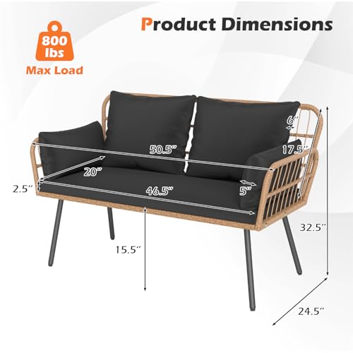 Tangkula Patio Wicker Loveseat, Outdoor 2-Seater PE Rattan Sofa with Pillows, Cushions, Metal Frame & Adjustable Foot Pads, 660 lbs Outside Couch for Porch, Backyard & Poolside (Black, 50.5" L)