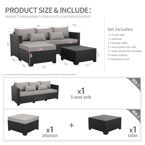 Rattaner 3 Pieces Patio Furniture Set Outdoor Sectional Wicker Patio Furniture Patio Couch with Ottoman and Outdoor Storage Table All-Weather Anti-Slip Cushions Waterproof Covers, Light Grey