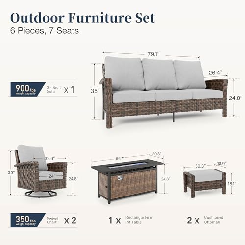Patio Furniture Set with Swivel Chairs, High Back Wicker Rattan Set with 5.5" Thick Cushions, Fire Pit Table and Ottomans, All Weather Outdoor Conversation Set for Backyard Deck,7 Seats, Light Grey