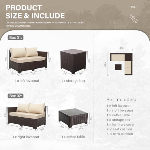Valita Wicker Patio Furniture Set 4 Pieces Outdoor Sectional Conversation Sofa Set with Storage Box and Glass Table with Cushions and Furniture Covers, Khaki