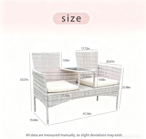 2-Seat Gray Wicker Outdoor Loveseat with Glass Coffee Table & cushions