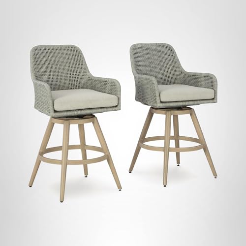 Signature Design by Ashley Seton Creek Casual Nuvella Weather Resistant Fabric, Resin Wicker Swivel Outdoor Bar Height Bar Stool with Cushion, Footrest and Armrest, Set of 2, Beige & Light Gray