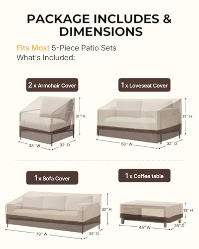 Loriano Patio Furniture Cover Set, 5 Piece Outdoor Furniture Cover Waterproof, 600D Heavy Duty Lawn Patio Set Covers