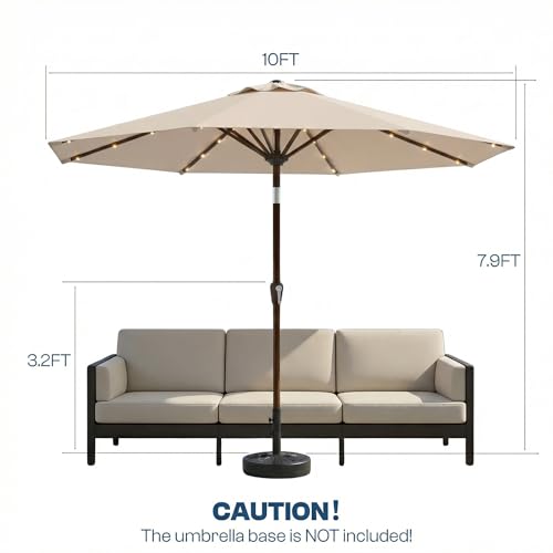 Patio Kingdom 10FT Solar Patio Umbrella with Lights, Outdoor Table Market Umbrella with 32 LED Lights, 8 Sturdy Ribs, Push Button Tilt and Crank for Pool, Deck and Garden, UV-Resistant, Beige