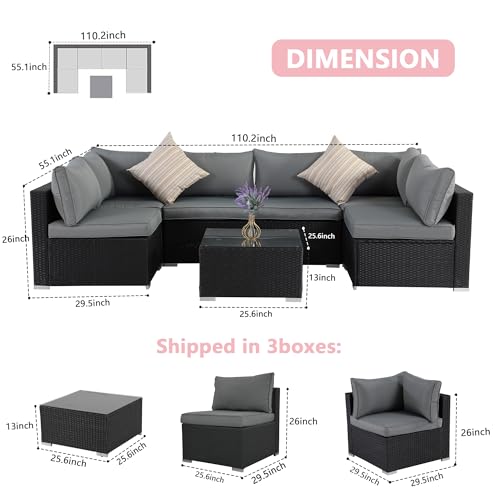ZJEYEJZ 7 Pieces Black Patio Furniture Set - All-Weather Outdoor Sectional Wicker Conversation Sofa, Rattan Patio Seating Sofa Set with Grey Cushions and Glass Table for Porch Poolside, Spring 2026