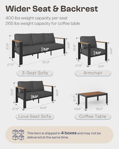Oasbira Aluminum Outdoor Patio Furniture Set with Coffee Table, 5 Piece Patio Conversation Sets with Washable Thick Cushions, Outdoor Sectional Furniture Set for Porch, Balcony, Deck, Yard, Graphite