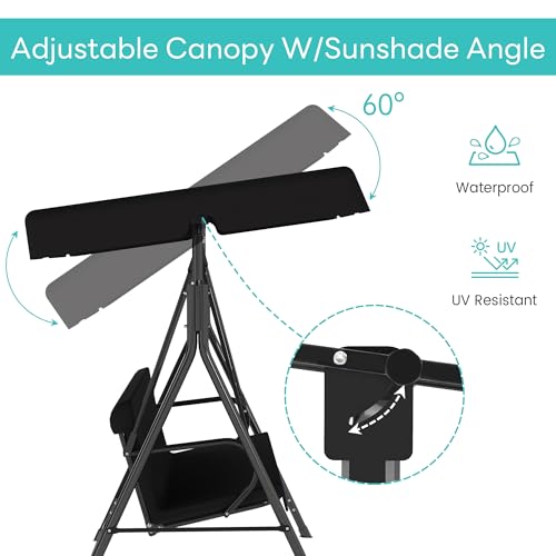 Murago Outdoor Patio Swing Chair with Adjustable Canopy, Outdoor Patio Glider Swing with Heavy Duty Stand for 3 Adult Persons, Ideal for Deck, Lawn, Backyard, or Porch, Black