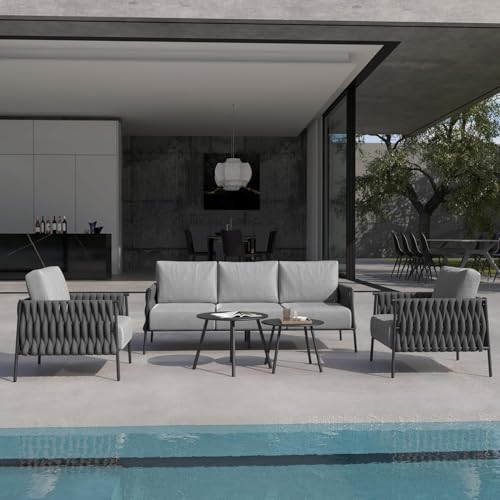 EAST OAK 5-Piece Patio Furniture Set | Life Chatter 5-Seat Outdoor Furniture | Deep Seating & Two Coffee Tables | Waterproof Extra-Thick Cushions | Porch, Balcony & Backyard | Earth Black & Misty Grey