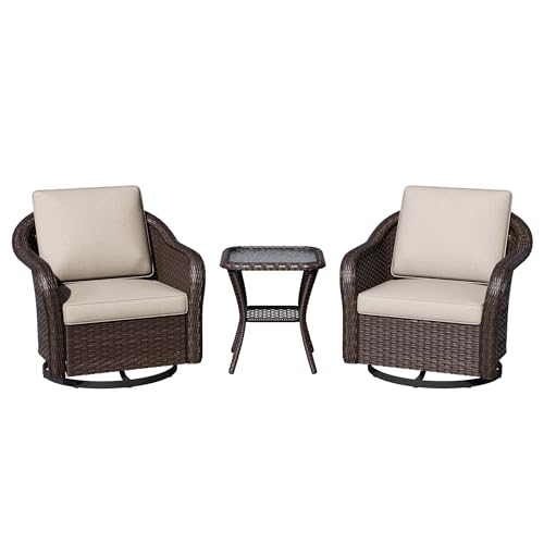 Qsoer 3 Piece Patio Wicker Bistro Set, 2 All-Weather Use Outdoor Wicker Swivel Chairs with PE Rattan Side Table,Ideal for Porch, Backyard, Balcony, Poolside, Beige