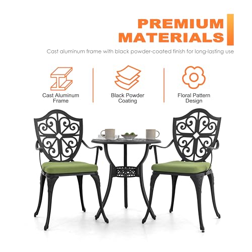 NUU GARDEN Outdoor 3-Piece Bistro Set with Cushions, Round 24 Inch Cast Aluminum Bistro Table with 2.17" Umbrella Hole, 2 Cast Aluminum Bistro Chairs, for Patio, Garden, Backyard and Balcony, Black
