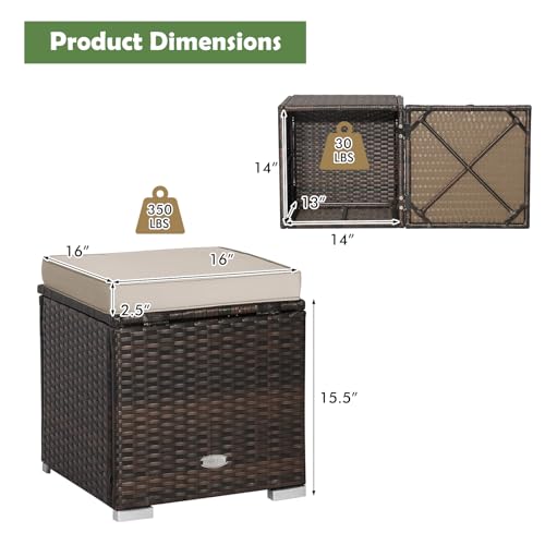 DORTALA Outdoor Storage Ottoman Wicker 2 Piece, Patio Ottomans PE Rattan Foot Rest Footstool with Cushions for Couch, Chair, Beige