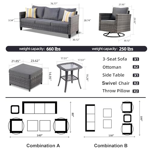 HOOOWOOO Wicker Patio Furniture Sets 6 Pieces Patio Conversation Sets Weather Resistant Outdoor Sofa Seating Set with Swivel Rocking Chairs Tilt Back Grey for 5 Persons Outside Yard,Dark Grey