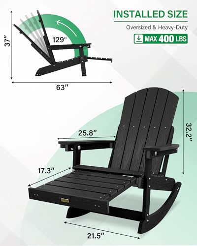 YEFU Outdoor Rocking Chairs Set of 2, Adirondack Chair with Retractable Ottoman, Adjustable Adirondack Rocking Chair,Rockings Chairs Outside,Weather Resistant,for Patio,Porch,Lawn,Heavy Duty,Black