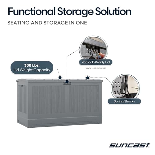 Suncast 200-gal. All-Weather Patio Deck Box, Made in the USA, with Pad-Lockable Lid, Extra-Large Outdoor Storage Unit for Patio Furniture and Grill Tools, Dove Gray Color