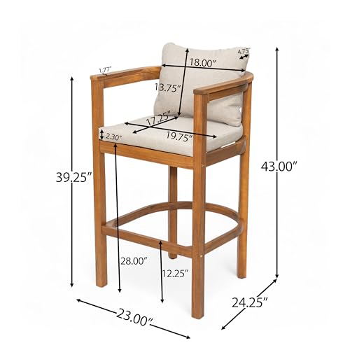 Christopher Knight Home Kuart Acacia Wood Outdoor Bar Stool Set of 2 with Cushion, Patio Armchair Set for Bar Table, Wooden Counter Height Patio Bar Stool with Footrest, Teak+Beige
