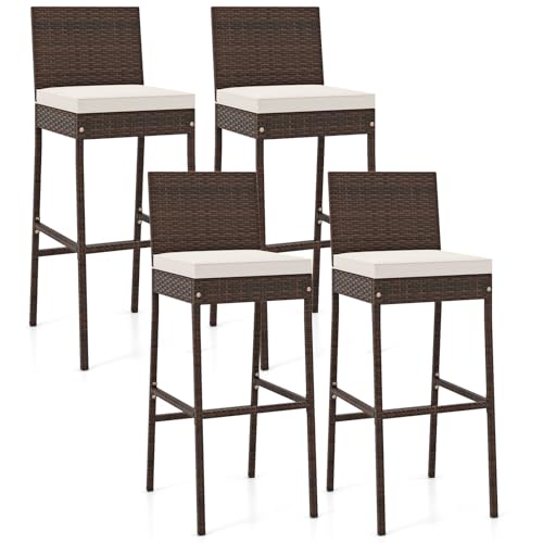 COSTWAY Outdoor Wicker Bar Stools Set of 4, 30'' Patio Bar Height Chairs with Cushion, Footrest and Backrest, Rattan Barstools for Backyard Poolside Deck (Brown)