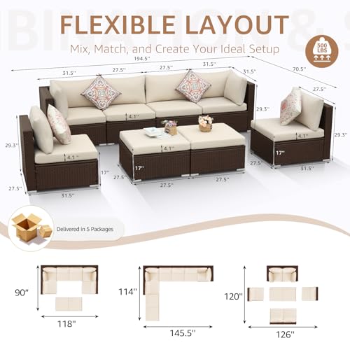 NICESOUL 8 Seat 29.3'' High Back Outdoor Furniture Set, Extra Large Rattan Patio Conversation Sets, Deep Seating Modular Sectional with Ottoman, Oversized Conversations for Backyard, Brown and Beige