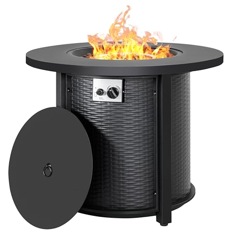 Nuu Garden 30'' Outdoor Round Propane Fire Pit Table, CSA-Certified 2-in-1 Gas Fire Pit with Rattan-Embossed Metal Frame, Stainless Steel Burner, Lid & Lava Rocks, for Patio Dining & Party, Black
