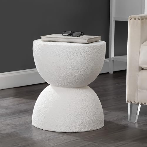 JONATHAN Y Greta Hourglass Outdoor Side Table and Stool, 18" Modern Textured All-Weather Accent End Table for Patio, Deck, or Garden, White Frosted TBL1100A