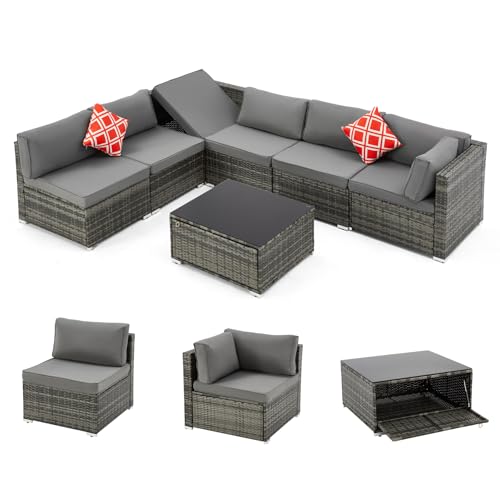 HOMREST 7 Piece Patio Furniture Set with Adjustable Bracket All-Weather Wicker Conversation Set with Coffee Table for Porch Garden Backyard (Gray)