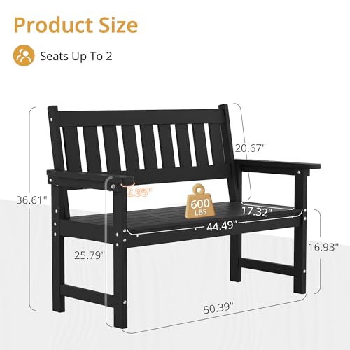 LUE BONA Outdoor Bench, 2-Person HDPS Garden Bench, Outdoor Benches Weatherproof, All-Weather Fade/Rot Resistant Patio Bench for Park, Front Porch, Backyard (Black)