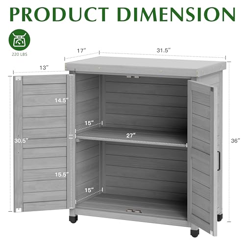 Outdoor Storage Cabinet & Potting Bench Table with Metal Top, Wooden Patio Furniture, Garden Workstation (Classic Grey, 36x31x17in)