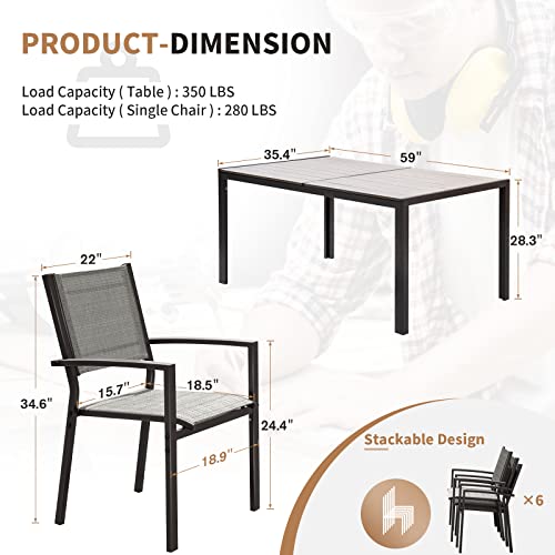 Devoko Patio Dining Set 7 Piece Outdoor Furniture with Rectangular Table and 6 Stackable Chairs Family Conversation Set for Garden Backyard Deck (Grey)