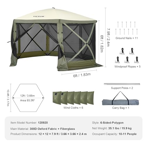 VEVOR 12x12ft Pop Up Gazebo Tent with Mosquito Netting, 6 Removable Wind Panels & 2 Mesh Windows, Outdoor Canopy Shelter for Patio, Army Green