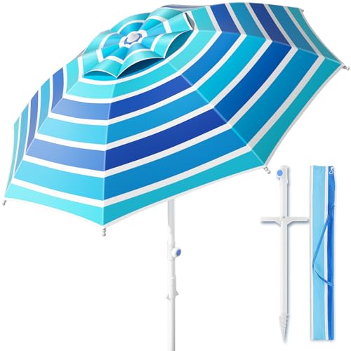 Alfolive 8FT. Large Beach Umbrella with Heavy Duty Sand Anchor & Tilt Sun Shelter, UPF50+ UV Protection, Wind Resistance, Waterproof Canopy, Portable for Beach Outdoor Patio Yard Garden Pool, Blue