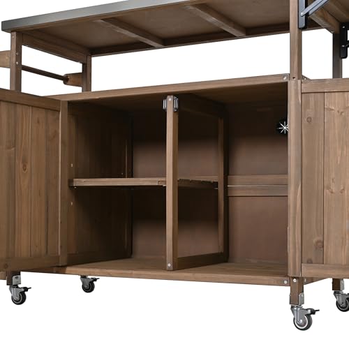 Christopher Knight Home Edsel Outdoor Bar Cart with Stainless Steel Top and Lockable Wheels, Solid Wood Outdoor Storage Cabinet, Kitchen Island Serving Cart for Poolside, Garden, Natural Brown+Silver